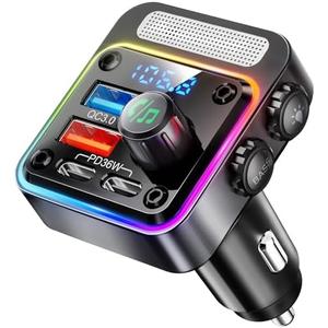 Nulaxy 54W Bluetooth 5.3 Car Adapter with 4 Charging Ports [PD 36W & QC3.0 18W], Wireless Radio FM Transmitter with Deep Bass Player & 5 Colors LED Backlit, Hands-Free Calling, Black