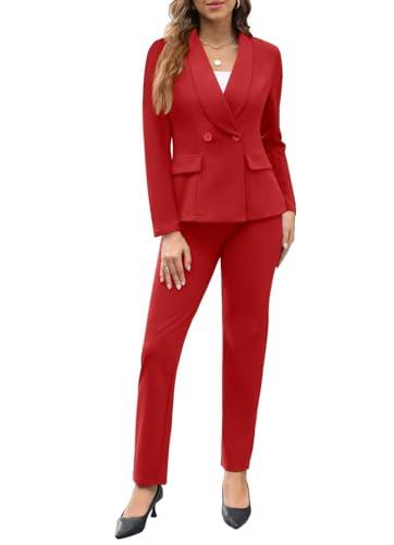 MorwenVeo Women's Fall Business Pant Suit Long Sleeve Formal 2 Piece Blazer Set Casual Office Work Outfits Red L