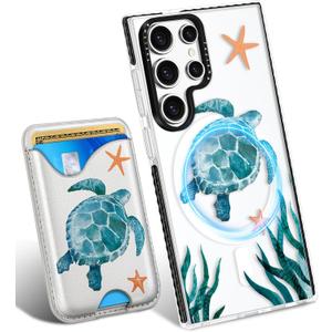 Toycamp for Samsung Galaxy S23 Ultra Case - Compatible with Magsafe Credit Card Holder Wallet Magnetic Cute Women Teen Girls Kawaii Girly Unique Sea Turtles Design Phone Cover for Galaxy S23 Ultra