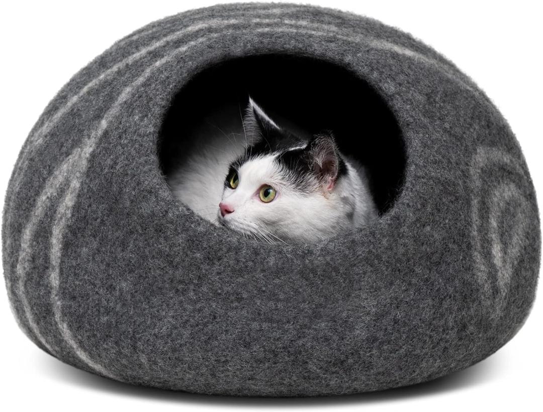 MEOWFIA Cat Cave  Premium Felt Cat Bed for Indoor Cats, Handmade Merino Wool (Dark Grey, Medium)