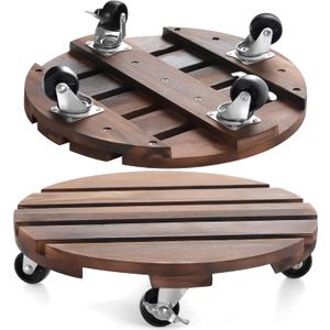 1pack 12" Plant Caddy Plant Stand with Wheels Rolling Plant Stand Heavy Duty Wooden Round Plant Dolly Rollers with Metal Lockable Casters Indoor Outdoor Pot Plant Roller Base Caddies,Patio,Flower Pot