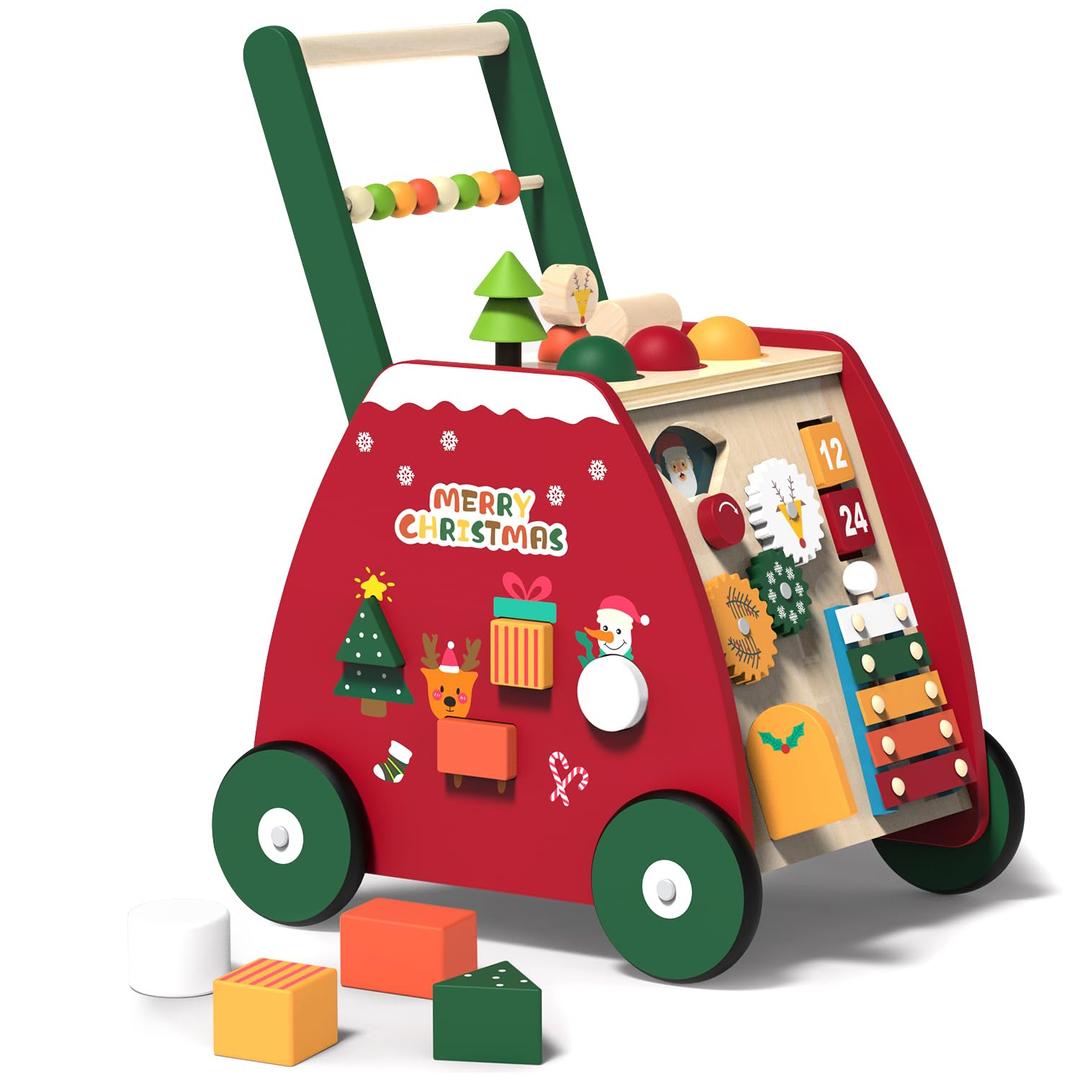 Wooden Baby Walker with Wheels, Baby Push Walker with Activity Center for Girls Boys, Montessori Walker Toys for Babies Learning to Walk, for 1 2 3 Years Old