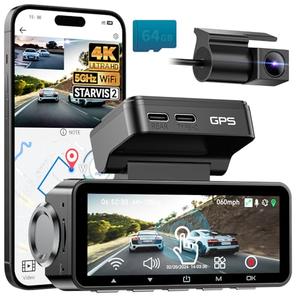 FOCUWAY Dash Cam Front and Rear, Real 4K@30fps/2K@60fps+1080P@30fps Dash Camera for Car, Touchscreen, Voice Control, with GPS WiFi, HDR Night Vision, 64GB Card, 160 Wide Angle, 24H Parking Mode
