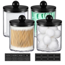 4 Pack Acrylic Qtip Holder Dispenser for Cotton Swabs, Balls, Pads, Floss - Plastic Canister Apothecary Jar Set, Bathroom Essentials Accessories Decor Vanity Makeup Storage Organizer - Clear & Black