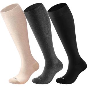 Cotton Compression Socks for Women&Men 15-20mmHg Knee High Cute Support Sock for Nurses, Pregnant Women, Travel (Large-X-Large, 3 Pairs-black&wheat&dark Grey)