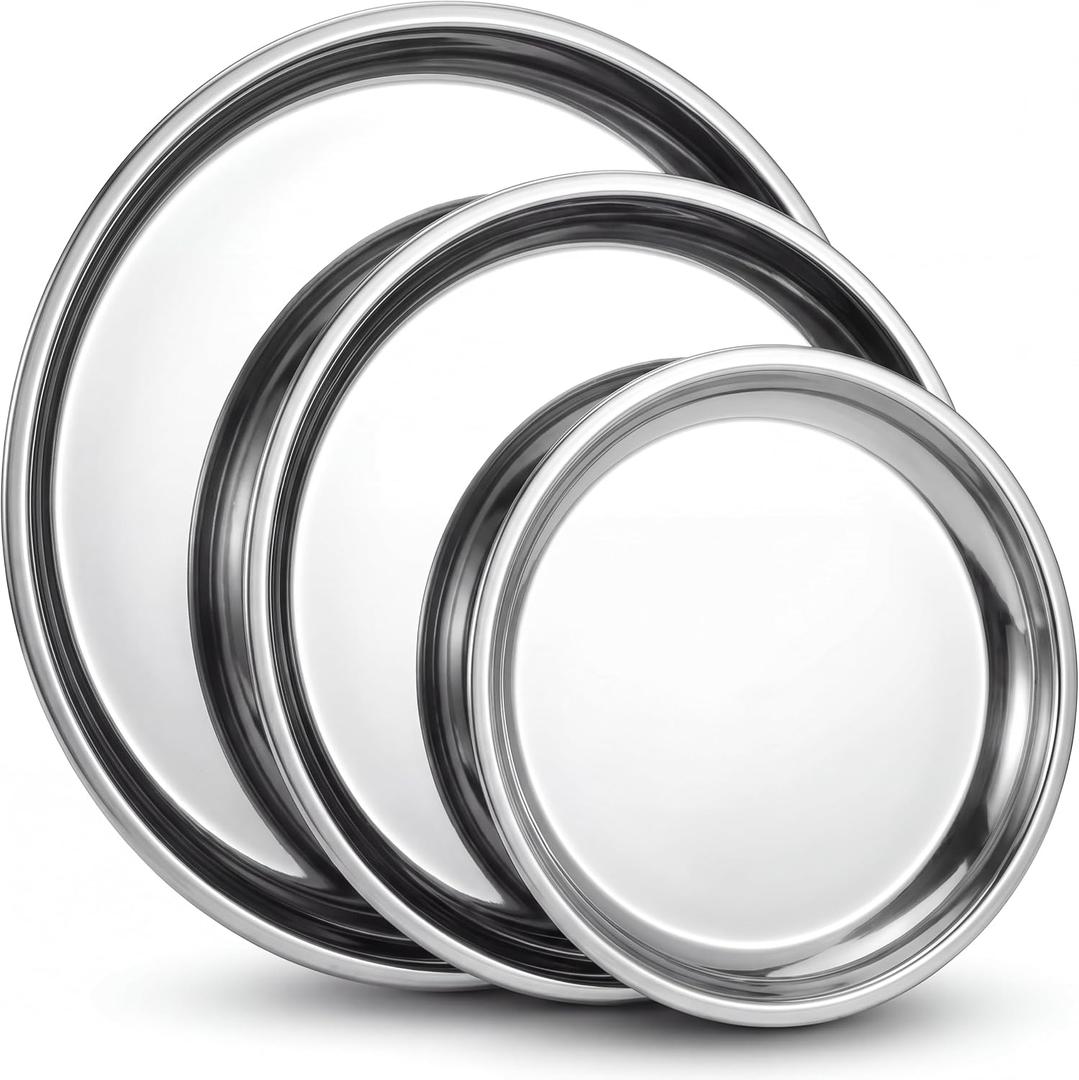 3 Pack Round Serving Trays Stainless Steel Large Silver Serving Platter 15.75" 13.78" 11.8" Circle Mirror Metal Tray Set for Party Kitchen Home Decoration Housewarming Gifts(Smooth Style)