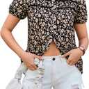 AOVDE Women Floral Leopard Button Down Shirts Puff Sleeve Blouse Contrast Trim Casual Dressy Summer Tops (M)