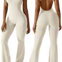 OEAK Womens Flare Jumpsuit with Bra Tummy Control Cutout Romper Workout Outfit Sleeveless Unitard One Piece Backless Bodysuit (XL, Beige)
