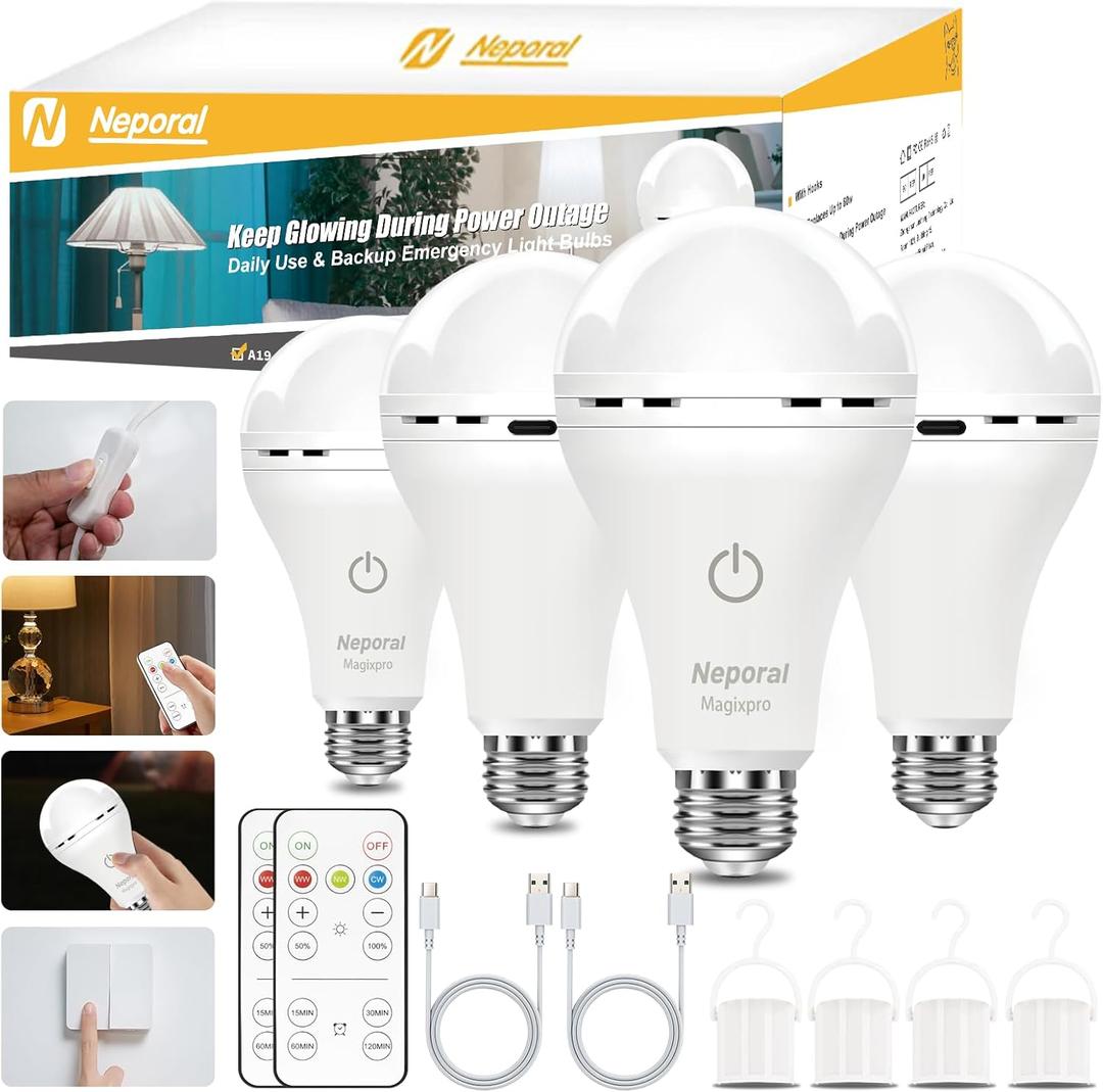 MagixPro Remote Rechargeable Light Bulbs, USB & Socket Charging, 1800mAh Battery, Dimmable LED Bulb for Hardwired & Non-wired Lamps Sconces, Touch + Remote Control, Wall Switch Compatible, 4PK (3000-6000k 4pk)