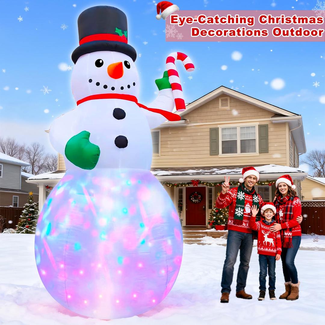 12 Ft by 6 Ft Giant Christmas Inflatables Snowman Outdoor Decorations, Blow Up Snowman Holds Candy Cane Built-in Rotating Colorful Lights Christmas Decorations Outdoor Yard Lawn Garden Holiday Party