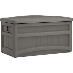 Suncast Outdoor Storage Box - 73 Gallon Stoney Resin Deck Box with Wheels, Handles, and Seat, Heavy-Duty Indoor/Outdoor Storage Bench for Patio Cushions, Shoes, Pool & Garden Gear