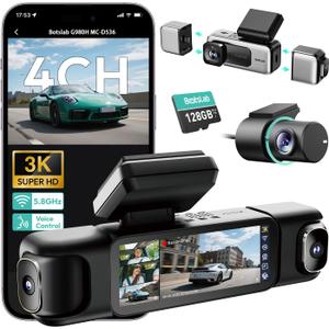 BOTSLAB 3K 4 Channel Dash Cam, 560 All-Sides View, Front and Rear Inside Car Camera with 3.18Touch Screen, Dash Camera 24/7 Parking Mode, Built-in GPS 5.8GHz WiFi Voice Control, Free 128GB Card