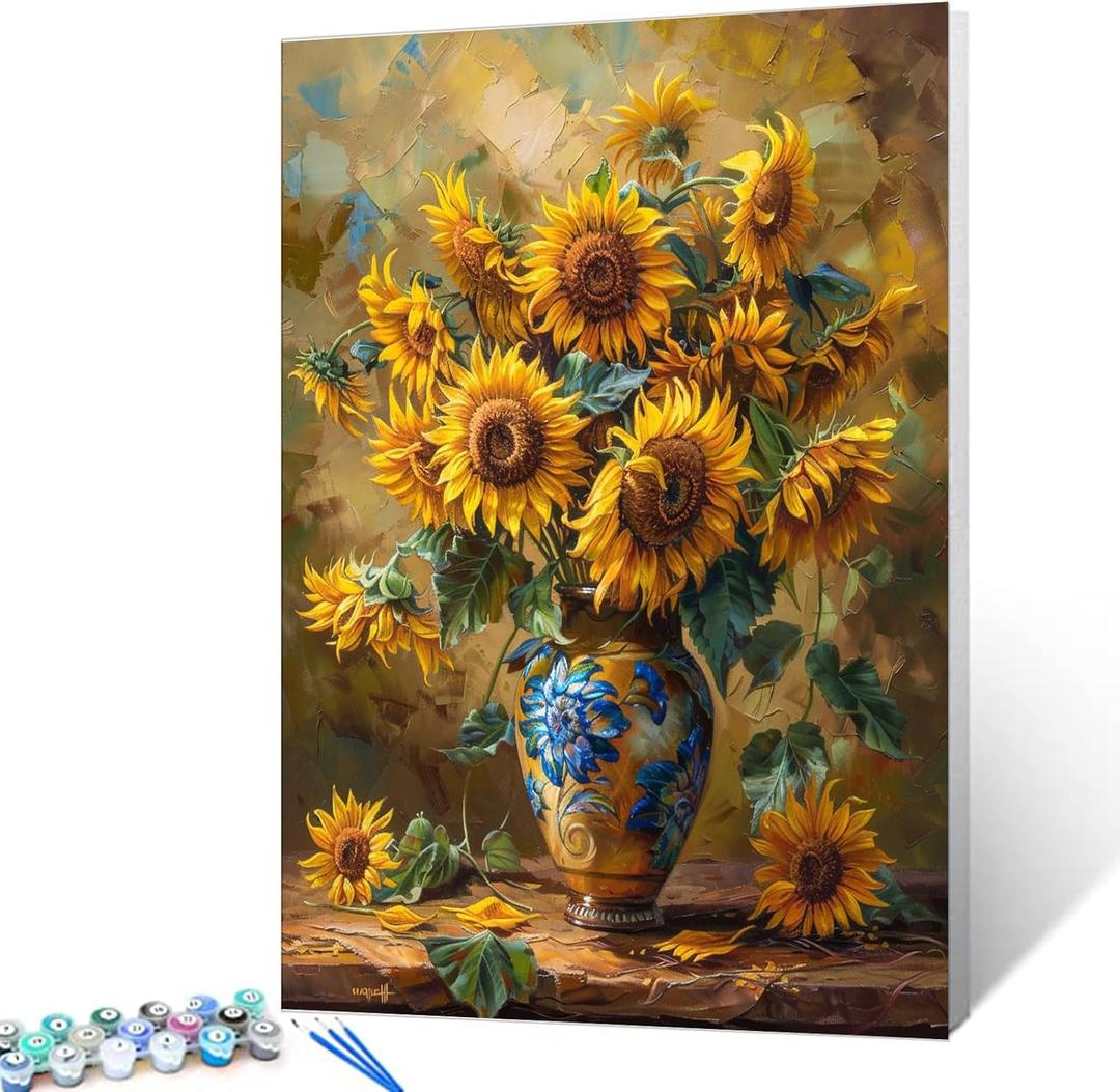 Tucocoo Vase of Sunflowers Paint by Number for Adults, DIY Oil Painting Kits on Canvas with Brushes and Acrylic Paints, Classical Still Life Floral Picture for Home Decor Gifts 16x20 inch (Frameless) (Artwork-23)