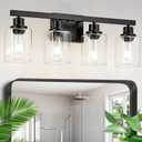 Bathroom Light Fixtures, 4-Light Matte Black Bathroom Vanity Lights with Square Clear Glass Shade, Bathroom Lights Over Mirror Wall Lamp Sconces for Mirror, Bedroom, Living Room, Hallway