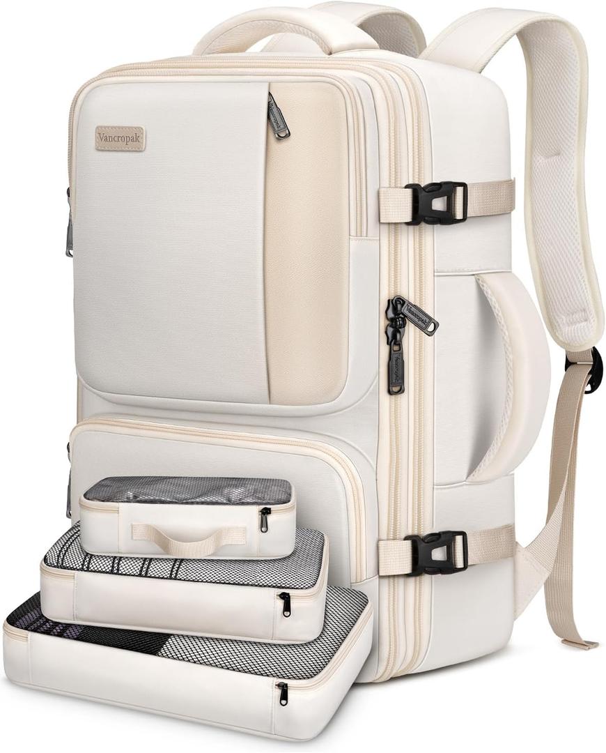 Vancropak Carry on Backpack, 47L Expandable Extra Large Travel Backpack with 3 Packing Cubes, Flight Approved Water Resistant Luggage Suitcase Weekend Duffle Bag Overnight Daypack for Women Men, Beige