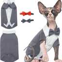 DENTRUN Cat Tuxedo Suit with Two Bow Tie, Stylish Cat Shirt Formal Outfit, Hairless Cat Fashion Apparel Fancy Clothes, Kitten Formal Attire Wedding Onesie Costume for Cats Only (Medium, Grey)