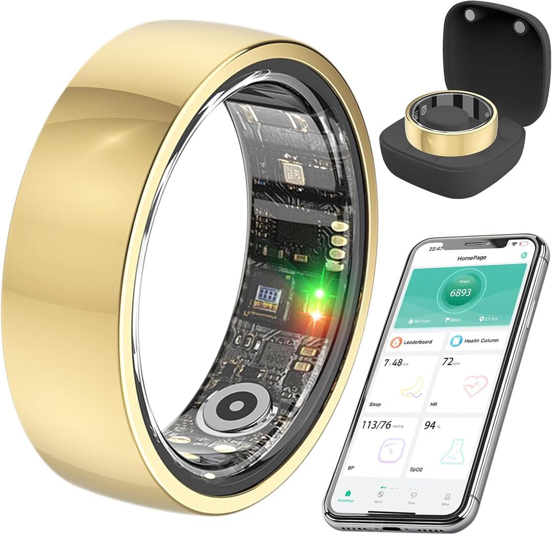 Smart Health Ring for Women Men,Fitness Rings Tracker with Blood Pressure Monitor Heart Rate Blood Oxygen Sleep Monitor IP68 Waterproof Step Counter Calorie Tracker Health Rings for Android iOS Phones (9, Gold)