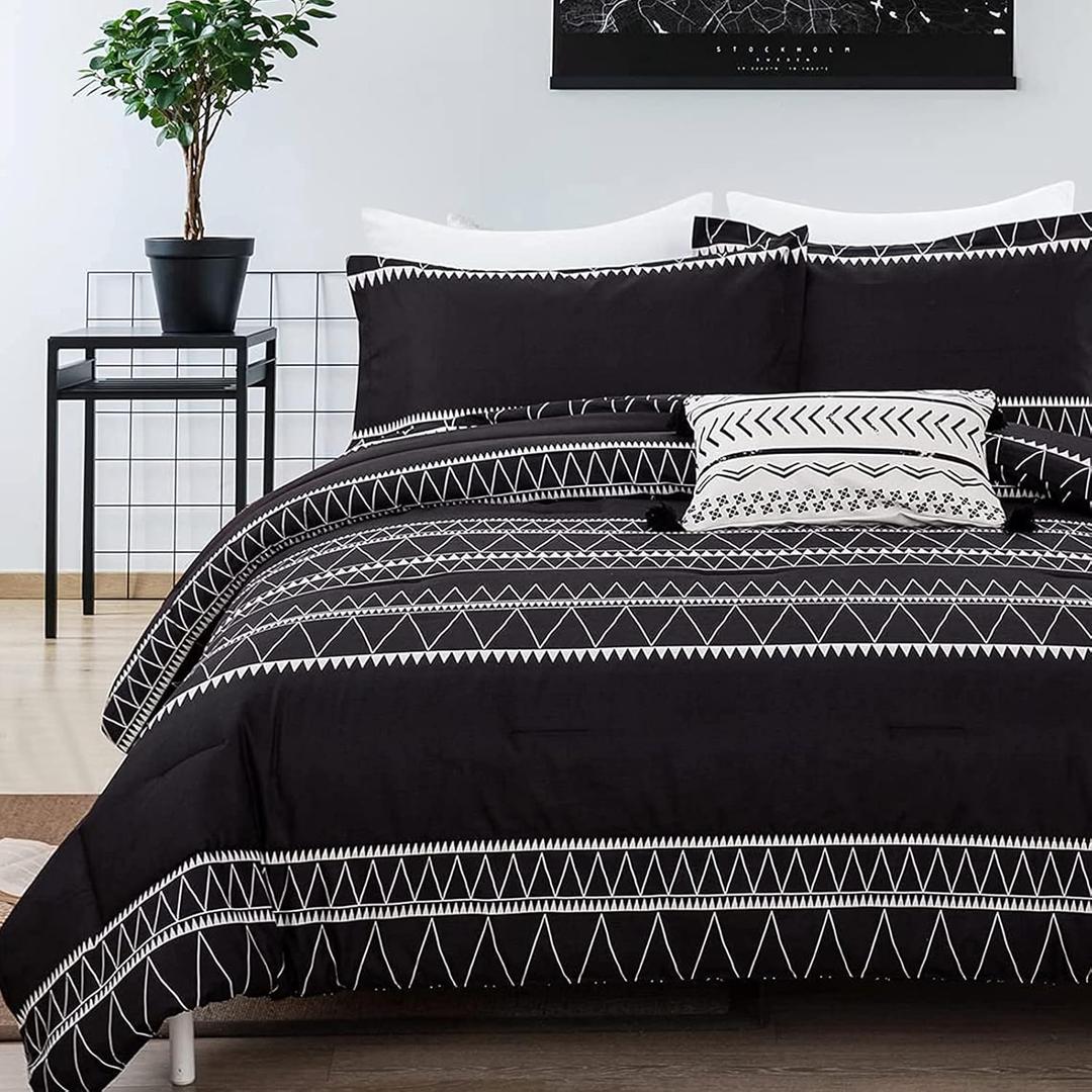 WONGS BEDDING Black Comforter Set Twin, Reversible Boho Triangle Striped Down Alternative Comforter Set for Twin Bed - 2 Pieces (1 Comforter + 1 Pillowcases), Microfiber Bedding Set 68"x 86"