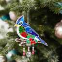 KY&BOSAM Blue Bird Suncatcher Merry Christmas Stained Glass Panel Suncathers for Windows Wind Chime Hanging Ornament with Pressed Flower and Metal Heart Charm Birthday Gift for Women Christmas Decor