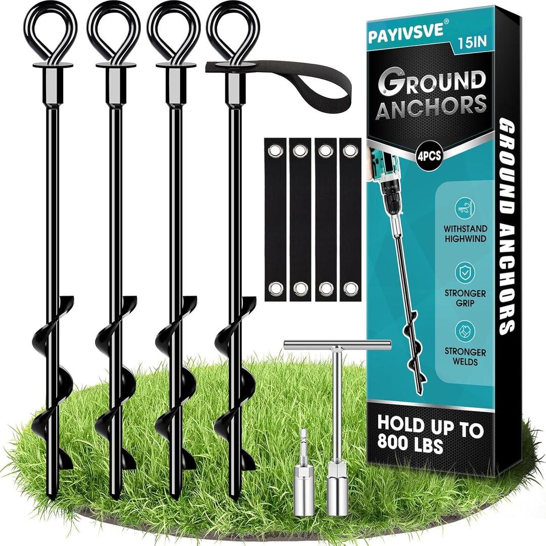 Ground Anchors Screw in 4Pcs, Trampoline Stakes Anchors with Straps Resistant High Wind, Earth Anchor for Swing Set, Tent, Trampolines, Carport, Canopies(4x15in)
