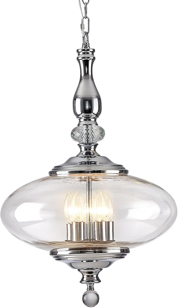 Chrome Pendant Light Modern Glass Pendant Light 5 Light Width 15.74 inches for Kitchen Island, Dining Room, Stairwells, Hallway E12 Bulb