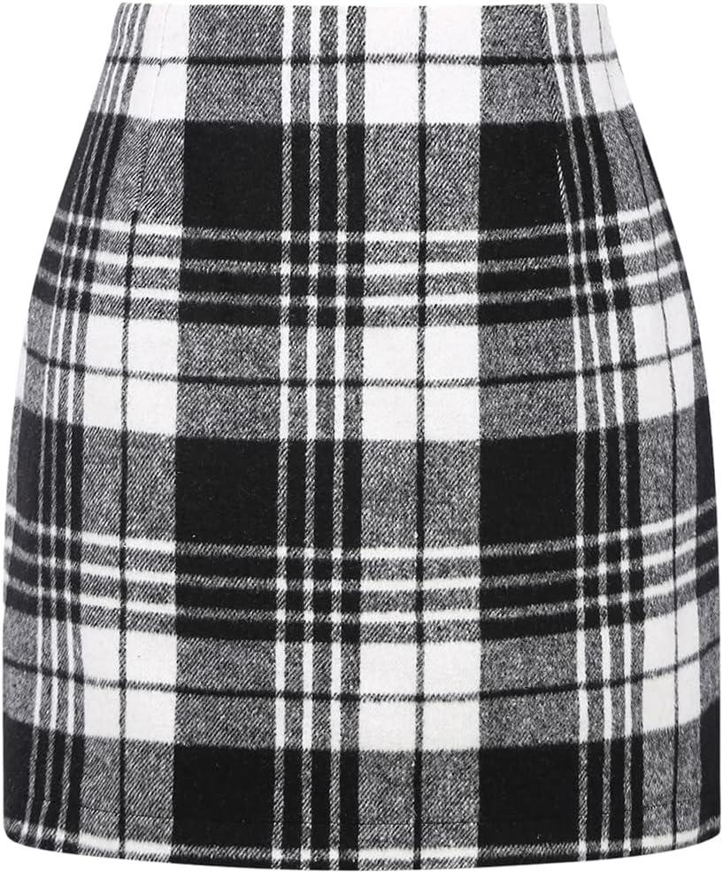 IDEALSANXUN Womens High Waist Plaid Skirt Bodycon Pencil Wool Mini Skirts (Black, XS)