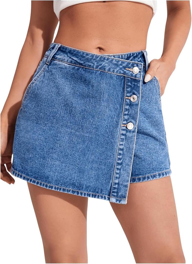 WDIRARA Women's High Waisted Button Front Denim Skort Asymmetrical Hem Wrap Jean Skirt Shorts Medium Wash XS