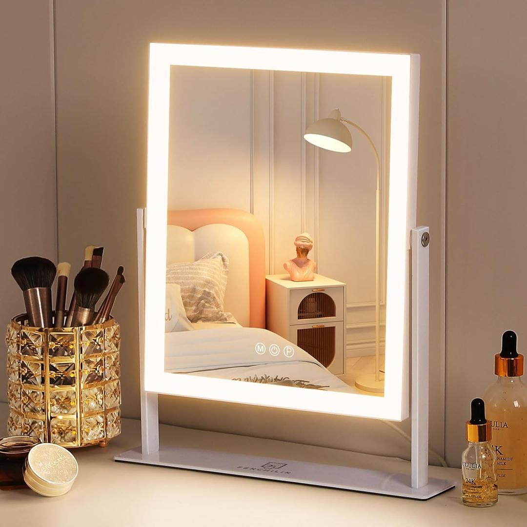 FENCHILIN Vanity Mirror with Lights 11.8" x 9.8",Lighted Makeup Mirror and Hollywood Mirror with Smart Touch Control 3 Colors Dimmable LED Light, 360Rotation 10X Magnification Tabletop (White)