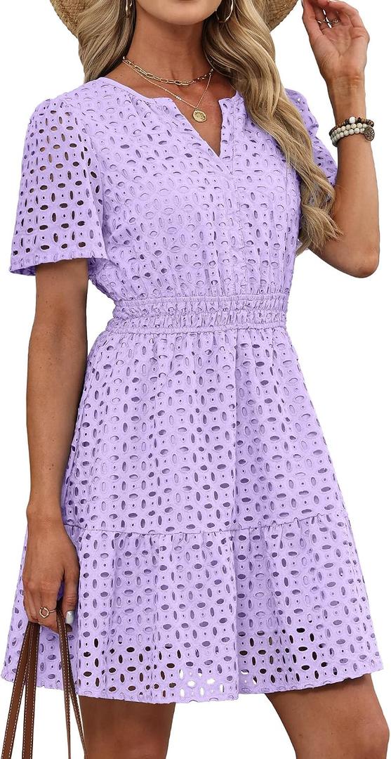 RUMIA Womens Dresses 2026 Summer V Neck Eyelet Lace A Line Short Dress (Purple, XL)