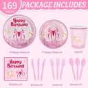 168 PCS Pink Cartoon Happy Birthday Party Decorations Set - Pink Cartoon Theme Plates Napkins Disposable Paper Cups Tableware Set Birthday Party Supplies for Boys Girls