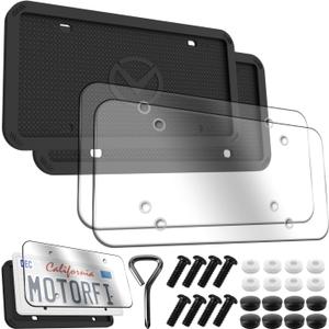 2 Pcs Silicone License Plate Frames with 2 Clear Polycarbonate Covers, Rust-Proof, Weather Resistant, Easy Installation, Premium License Plate Protector, Covers & Frames with 2 Drainage Holes