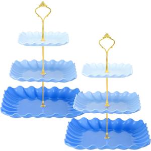 Lallisa 2 Pack Scalloped Cupcake Stand Dessert Plates Plastic Square Tiered Serving Stand Display Tower for Wedding, Birthday Party, Tea Party and Baby Shower(Blue Gradient)