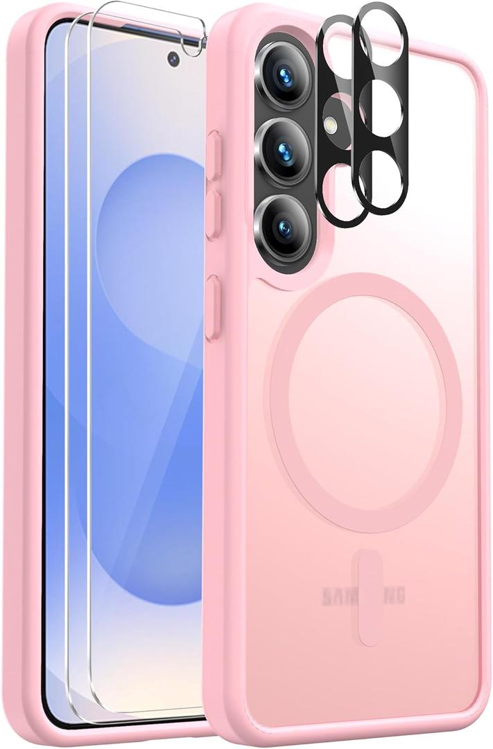 Ezanmull for Samsung Galaxy S25 Case Magnetic Shockproof, [Fit for MagSafe] [Glass Screen Protector + Camera Lens Protector] Translucent Anti-Fingerprint Case for Samsung Galaxy S25 6.2" (Pink)