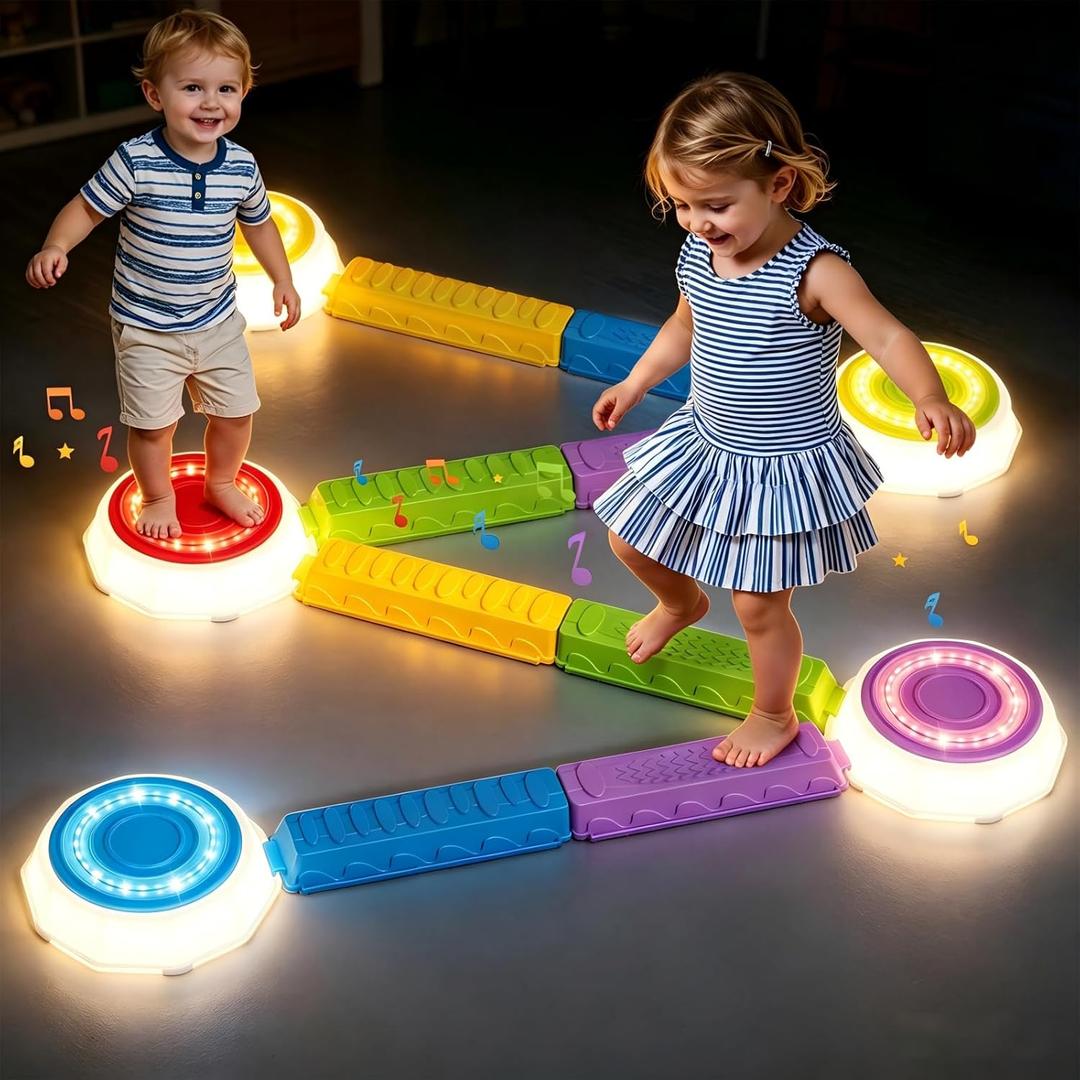 HYES Light Up Stepping Stones & Balance Beams for Kids 1-3, 13PCS Non-Slip Sensory Obstacle Course with Piano Music, Game Spinner & 30 Cards, Indoor Outdoor Toddler Toys Gifts for Boys Girls Ages 3-5