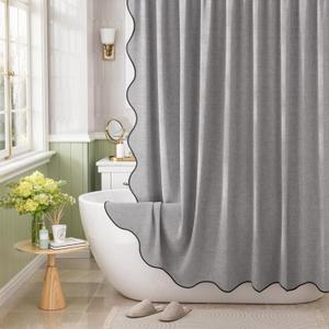 Bathway Modern Scalloped Shower Curtain, Light Gray Linen Textured Shower Curtain Set with 12 Metal Hooks, Neutral Cute Elegant Shower Curtain with Black Border for Bathroom, 72x72 Inches