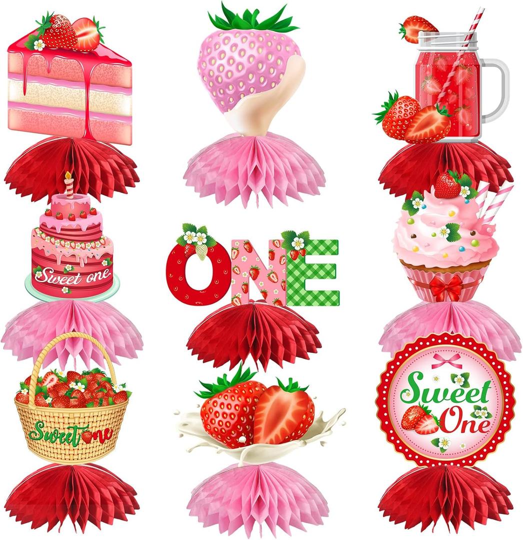 9 Pieces Strawberry Sweet One Honeycomb Centerpieces Strawberry First Birthday Party Table Decorations 1st Table Centerpieces Toppers for Baby Girls Boys Baby Shower Birthday Party Supplies