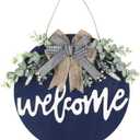 Sattiyrch Welcome Sign for Front Door Round Wood Sign Hanging for Farmhouse porch Door Decoration (Blue)