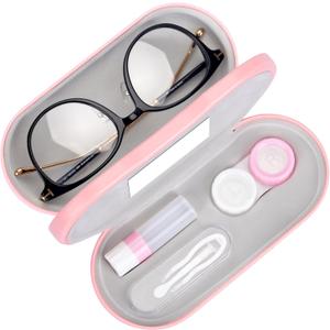 Muf 2 in 1 Contact Lens Case and Glasses Case, Double Sided Design with Mirror, Portable Travel Kit with Tweezer, Remover and Solution Bottle, Pink