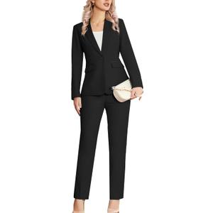 Women's 2 Piece Suit Notched Lapel One Button Slim Fit Business Office Work Tuxedo Blazer Pants Set (Medium, Black)