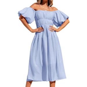 XuBa Women's 2024 Boho Off Shoulder Dress Puff Short Sleeves Flowy A Line Beach Party Midi Dresses,  Large