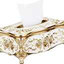 Moorfowl Vintage European Tissue Box Cover Rectangle Rose Pattern Long Tissue Box Holder for Bathroom Vanity Countertop, Bedroom Dresser, Nightstand and End Table (Gold White)