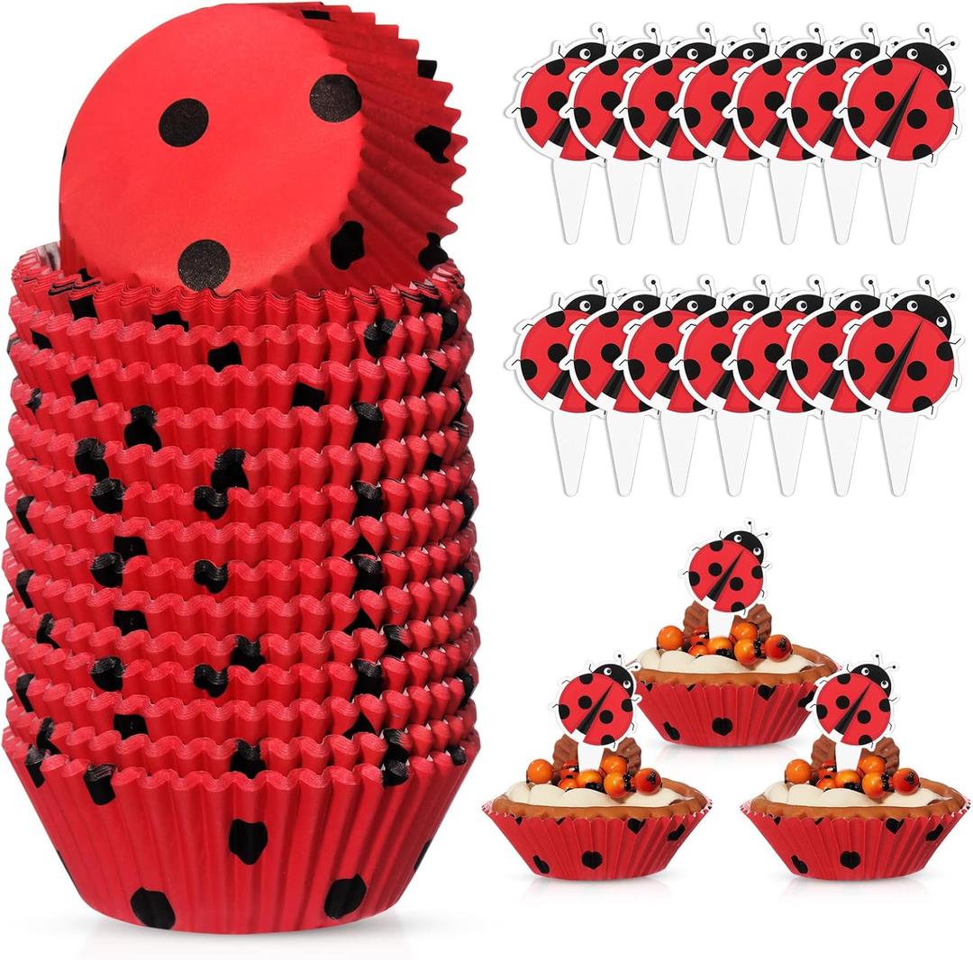 Vesici 200 Counts Cupcake Liners and 200 Counts Cupcake Toppers Round Baking Cups Greaseproof Muffin Liners for Christmas Holiday Birthday Theme Party Supplies(Ladybug)