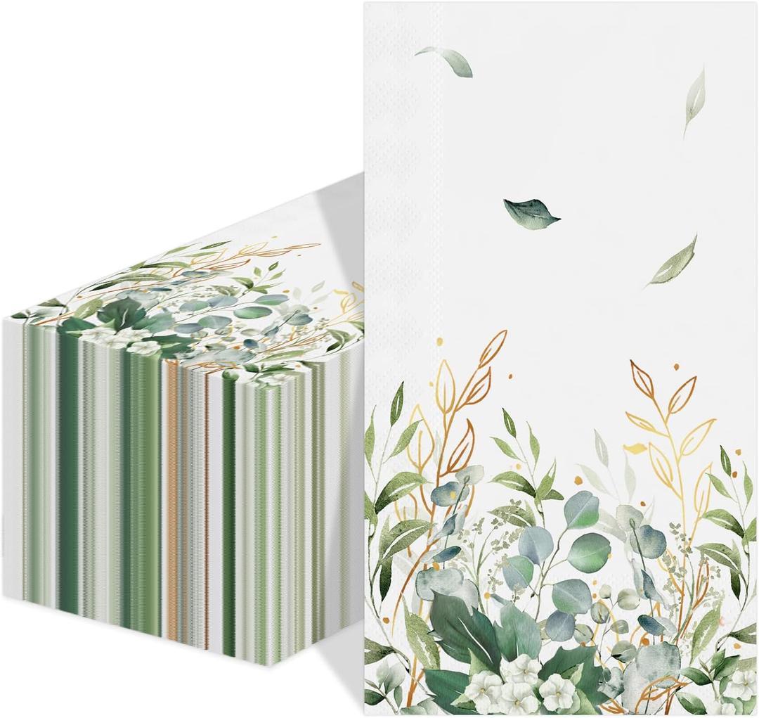 2 x 80 Pcs Greenery Guest Napkins Gold Foil Disposable Paper Hand Towels Green Eucalyptus Leaf Paper Napkins for Home Bridal Baby Shower Birthday Tea Party,4.3"*7.8"