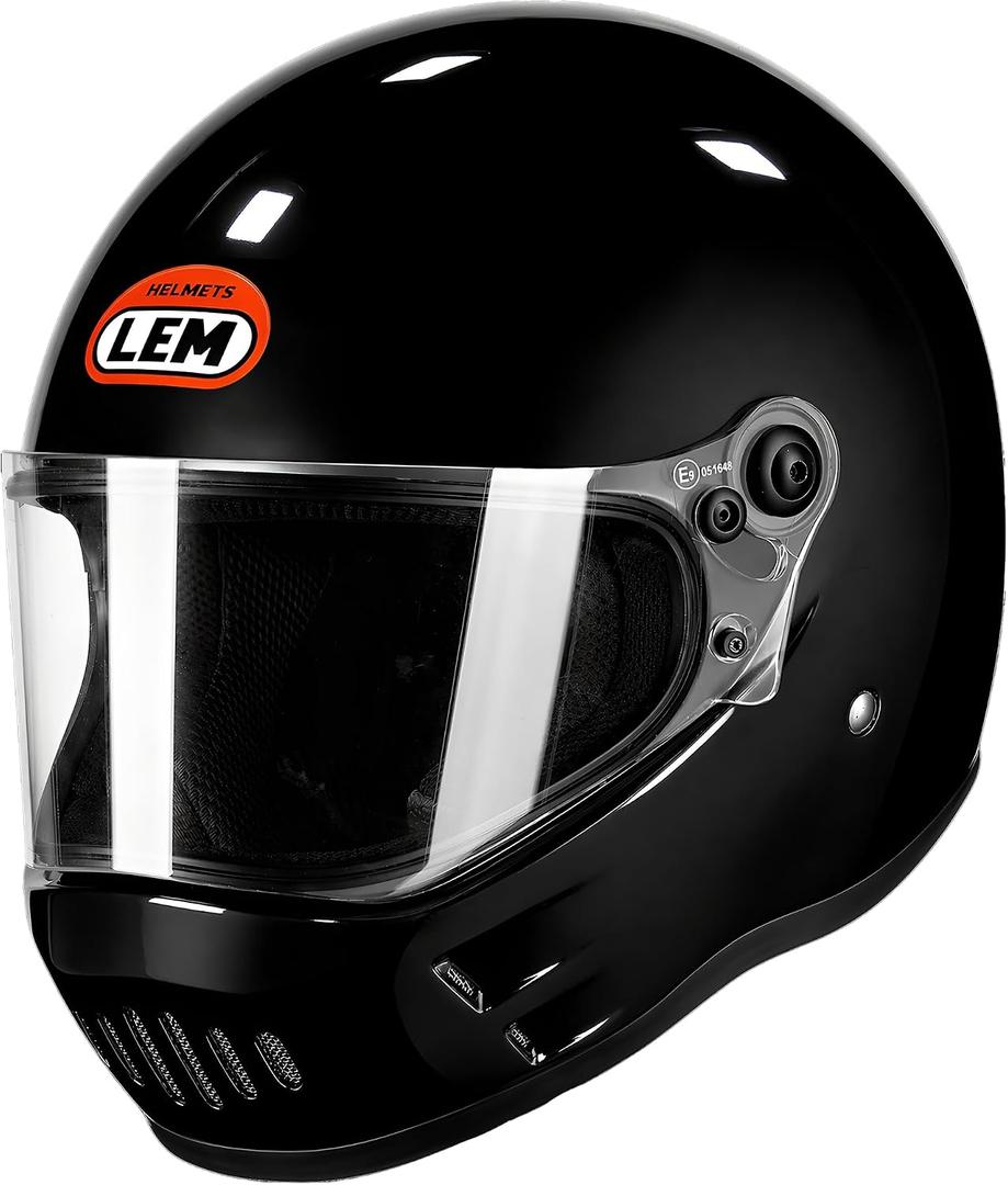 LEM Full Face Motorcycle Helmets, DOT Certified, Retro Motorcycle Helmet for Adult, Vintage Helmet, Lightweight Fiberglass Shell, for Cafe Racer, Cruising, City Commuting,(Gloss Black,Size L)