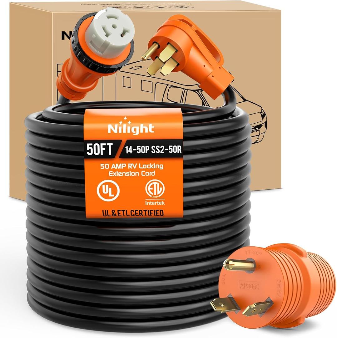 Nilight 50 Amp 50FT RV Locking Extension Cord with Adapter 30Amp to 50Amp 250V Heavy Duty 6/3+8/1 Gauge Pure Copper STW Wire ETL Listed 4 Prong 14-50P SS2-50R 50F/50M Cable Suit for Campers Caravan