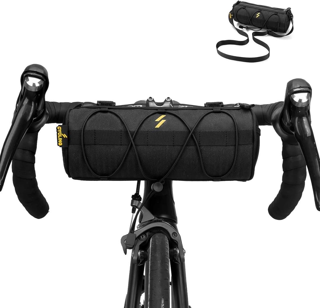 ROCKBROS Bike Handlebar Bag Small Bicycle Handle Bar Bag Handy Front Bike Bags Handlebar Storage Pouch Pack with Shoulder Strap Little Mountain Road Bike Barrel Bag (Black)
