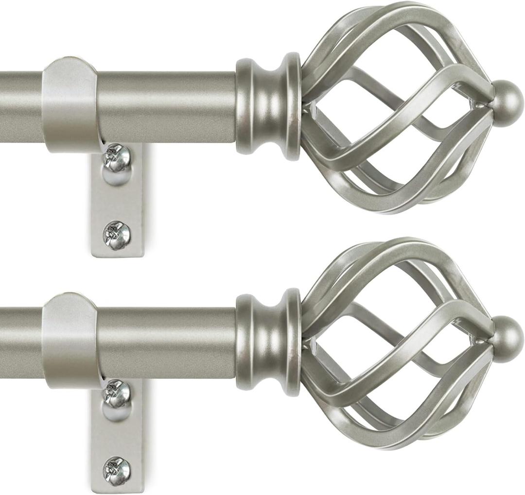KAMANINA 2 Pack Curtain Rods 32 to 58 Inches (2.6-4.8ft), 3/4 Inch Curtain Rods for Windows Splicing Adjustable Single Drapery Rod with Twisted Cage Finial, for Indoor and Outdoor, Antique Silver