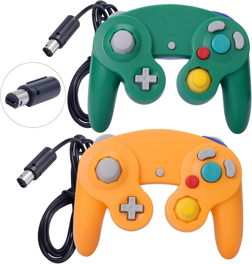 ONE250 2 Pack Classic Shock Joypad Wired Controller, Compatible with Wii NGC Gamecube Game Cube (Green & Yellow)