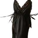 SINROYEE Womens Lace Nightgown Sexy Chemise V Neck Slip Satin Silk Negligee Nightdress (Black)