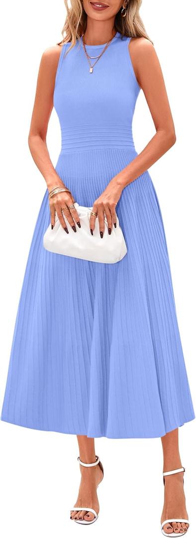 PRETTYGARDEN Women's Summer Midi Dresses 2025 Sleeveless Crewneck Knit A Line Pleated Swing Wedding Guest Casual Tank Dress(Sky Blue, Large)